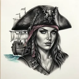 pirate ship on a deserted island blended with a woman warrior face, realism tattoo drawing, hyper realistic, shaded
