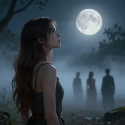 girl looks at the space, d & d, fantasy, mist, full moon in background, trees, hyper detailed, art by artgerm and greg rutkowski and magali villeneuve, midium shot, 8 k realistic, cryengine, digital painting, trending on artstation, concept art, sharp focus, illustration,
