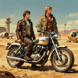 moebius and ralph mcquarrie style, vintage classic motorcycle, retro futuristic sci - fi, blade runner 2 0 4 9, mad max fury road, technical illustration