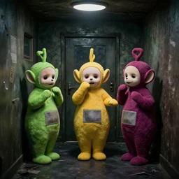 worried teletubbies in the backrooms, low key, liminal space, uncanny, darkness, urban exploration