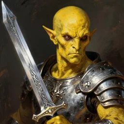 ( ( ( head and shoulders portrait of a gaunt noseless yellow - skinned bald githyanki warrior in a breastplate, wielding a magical silver greatsword ) ) ), dave mckean, d & d, fantasy, medieval
