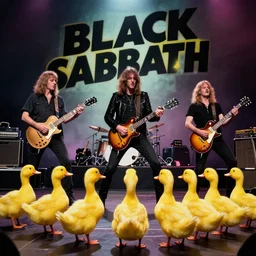 a photograph of black sabbath playing a show live, but they're ducks instead of humans. art photography by mick rock