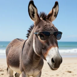 A donkey wearing cool sunglasses at the beach, amazing detail, digital art, in the style of Rachel Walpole