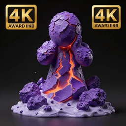 3D statue!!!, purple shattered paint!, glowing lava!!!, conglomerate!, slush!!, organized composition!, abstract!, black backdrop!, 4k!, award-winning photo!!!!