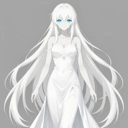 visual novel character sprite with monochrome background, symmetrical full body shot, stunningly beautiful asi goddess with beautiful hyperdetailed symmetrical face, porcelain skin covered in long white dress, long white hair and mesmerizing cold ice blue eyes, symmetrical, overwhelming, innocent, ethereal, live 2 d anime style, 8 k,
