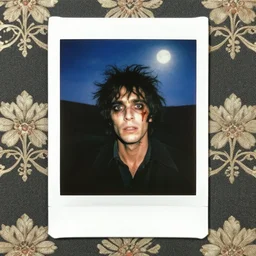 an instant photo of a handsome but creepy man in layers of fear in devonshire, with haunted eyes and wild hair, 1 9 7 0 s, seventies, wallpaper, moorland, a little blood, moonlight showing injuries, delicate embellishments, painterly, offset printing technique, by mary jane ansell