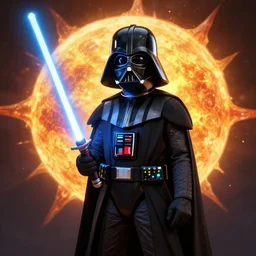 kid wearing darth vader costume holding light saber - 3 d vfx art - of the sun, art style by james jean & hsiao - ron cheng, character concept art, unreal engine render, digital illustration, sharp, intricate detail, volumetric light, ray tracing, soft light, symmetric, pinterest, artstation, behance,