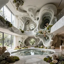 highly detailed ultra sharp villa natural light interior soft cinematic composition of a smooth ceramic porcelain biomorphic magnolia stone nebula fluid fractal sci - fi surreal architecture landscape, granite, metallic, marble, moss, lichen, fungi, corals, vincent callebaut composition, mamou - mani, archviz, 8 k, unreal engine