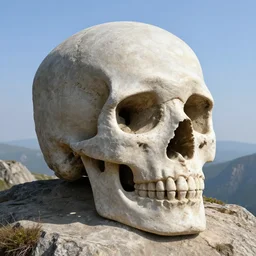 ancient stone skull sculpted on a mountain, panoramic view, art by anton fadeev