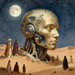 a illustration of a large head of a cyborg half buried in the desert, little people watching, sacred, peoples withs large cloaks, moon light, fine art, intrincate, by moebius, jean giraud & kilian eng
