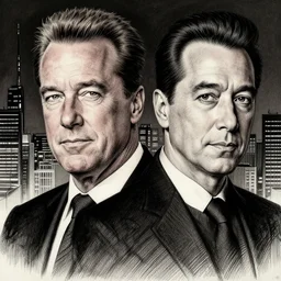 portrait arnold schwarzenegger by yusuke murata and masakazu katsura, artstation, highly - detailed, cgsociety, pencile and ink, city in the background, dark colors, intricate details h 7 0 4