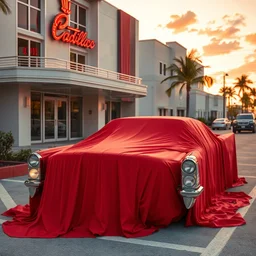 a 1 9 5 7 cadillac covered entirely with red silk on a parking place outside a miami art deco hotel, sunset, crisp, 3 5 mm