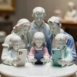 A vivid porcelain composition of a family of figurines staring down at their iPhones at a table, Tamron SP 90mm F/2.8 Di VC USD Macro