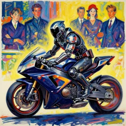 marvel ghost rider, wearing futuristic cybernetic battle armor, riding a cyberpunk styled akira motorcycle, by ashley wood, yoji shinkawa, jamie hewlett, 6 0's french movie poster, french impressionism, vivid colors, palette knife and brush strokes