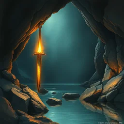 glowinh magic sword in a cave with a lake, dark colors. highly detailed, digital painting, watercolor, soviet realism, engraving, artstation, concept art, smooth, sharp focus, vivid grunge, manga, illustration, unreal engine 5, 8 k, art by bilibin and kuvshinov and malevich and mucha