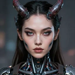 a cyborg demon girl, ana de armas, flawless symmetrical pretty cute face, greg rutkowski, 8 k, shallow depth of field, intricate detail, concept art,