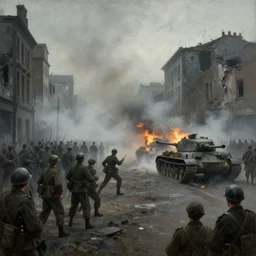 a painting of jeremy mann, street view of a world war ii skirmish between army soldiers, crowds of people, battle tanks burning from afar, 1 9 4 0 buildings damaged, action shot, dramatic vignette, dramatic lighting, dreamy, misty, desaturated, ominous, unsettling