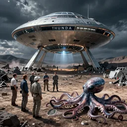 wide angle view, thundra ufo crash site, team of scientists studying captured alien octopus, by bruce pennington
