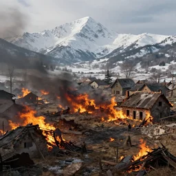 village burning in the ruins of the war, with the snowy mountains in the background : octane render : artstation : greg rutkowski : loish : ferdinand knab