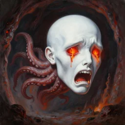 painting by greg rutkowski of a flying crying!! human head and face that is chalk white in color, with tentacles coming of the neck, fiery!! red eyes, flying in a terrying hell like cavernous place