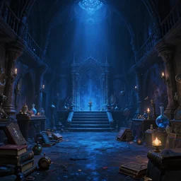 interior of a dark wizards sanctum, blue light, cluttered with magical objects, spell books, potions, dramatic lighting, epic composition, wide angle, by miyazaki, nausicaa ghibli, breath of the wild