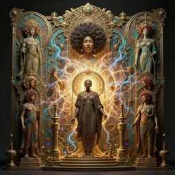 highly detailed surreal vfx afro avante garde portrait of a 3 d light temple, polyphonic bio - communications, arcane ritual, entangled vibrating, electricity, ultra detailed, ornate, hyperrealistic, octane render, chiaroscuro, inspired by james jean, android jones, william morris, johannen voss, alphonse mucha, frostbite 3 engine