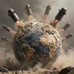 Post-apocalyptic earth with ash everywhere and nuclear bombs falling from the sky, The end of the world, Dark, 4k, photorealistic, hyper-definition, artstation
