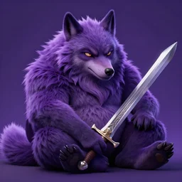 cute handsome cuddly burly surly relaxed calm timid werewolf from van helsing holding a sword unreal engine hyperreallistic render 8k character concept art masterpiece screenshot from the video game the Elder Scrolls V: Skyrim deep vibrant violet purple lavender