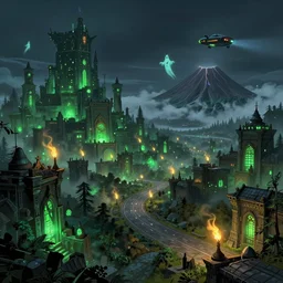 ancient city, forest, road, night sky, green lights, torchlights, volcano, fog, flying souls, ghosts, flying cars, cyberpunk, neon, epic scale, dramatic lighting, detailed illustration, hd, 4k, digital art, overdetailed art, concept art, detailed illustration, hd, 4k, digital art, concept art, Dan Mumford, Peter Mohrbacher, Alfons Mucha, trending on artstation, environment highly detailed