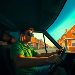 a young guy wearing green shirt and sunglasses is driving a white van by orange houses, cinematic lighting, establishing shot, art by jordan grimmer