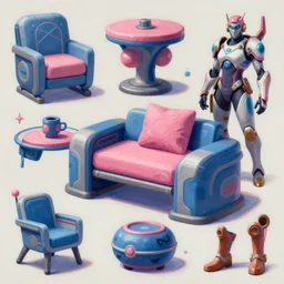 game asset of futuristic furniture, in gouache detailed paintings, props, stylized, 2 d sprites, kitbash, arcane, overwatch, blue and pink color scheme, 8 k, close up