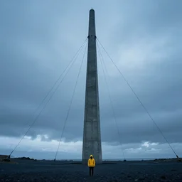 a concrete tower with several cables coming from the top of it, the tower stands in a icelandic beach, a small character wearing a yellow hoodie standing in the front, cloudy day, blue hour, by filip hodas, by simon stalenhag, cinematic, dramatic light concept art, matte painting, trending on artstation, dystopia, cyberpunk