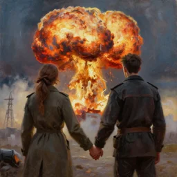 a couple holding hands during a nuclear explosion, oil painting, realism very beautiful