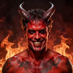 color studio photo of matt damon as the devil, tattoos, satanic, horns, red skin, fire, hell, blood, evil grin, closeup