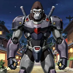 portrait of anime demonic gorilla mecha robot armor, japanese town background, starred night sky, sharp details, great lighting, strong shadows, crisp edges, illustration concept art anime key visual trending pixiv fanbox by wlop and greg rutkowski and makoto shinkai and studio ghibli and kyoto animation, alphonse mucha and caravaggio