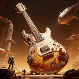 establishing shot giant space station shaped like a guitar, star wars, exterior, planetarium, 3d rendered science fiction, high tech industrial and maschinen krieger, warm saturated colours, mri machine millennium falcon space-station Vuutun Palaa, inspired by a nuclear reactor submarine, ilm, beeple, star citizen halo, mass effect, starship troopers, elysium