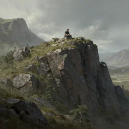 a man sitting on top of a rock covered hillside, a detailed matte painting by filip hodas, cgsociety, fantasy art, artstation hq, # vfxfriday, dystopian art