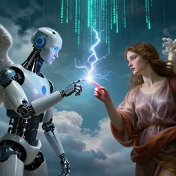 a godly robot and a human woman touch by their finger tips, exchanging lightning of beautiful energy through their fingers, nails concept art, teal matrix computer code falling in the background, angelic clouds in the background, cinematic, inspired by the creation of adam by michelangelo