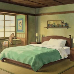 bedroom japanese with horse statues, green and brown decorations by studio ghibli painting, by ohara koson and thomas kinkade
