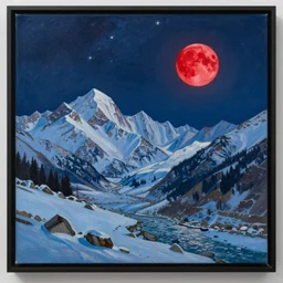 8k painting of Kashmir landscape with red moon and starry night in the background, icy mountains in the background