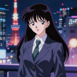 blurry and dreamy screencap of a realistic character from 8 0 s horror anime, vampire woman with long hair wearing dress suit with tie, satoshi kon anime, character design by yoshitaka amano and junji ito, glitchy vhs tape, night tokyo in the background, perfect blue color palette, noisy film grain effect, blurry image
