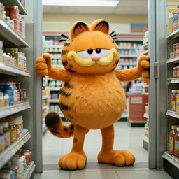 Garfield robbing a convenience store, film still, photo