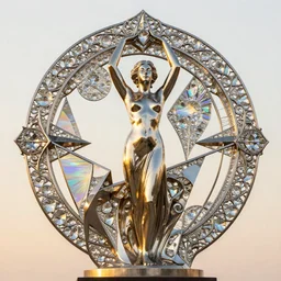 geometric mathematical shaped metal sculpture with ornate crystal glass elements reflecting rainbows into iridescent patterns, statuesque female dancer figure within the sculpture with her arms towards the sky, golden hour, detailed photograph, 4 k, intricate, 3 d, refined, smoothed, facing the camera, portrait, jeff koons, rodin