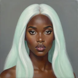 a detailed matte oil on canvas head on symmetrical portrait of black skinned woman with! long white hair! and ( ( ( pale greenish ) ) hair, clothed by charlie bowater, lise deharme, wlop, trending on artstationhd, dungeons and dragons art critical role