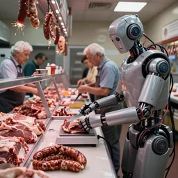 A robotic butcher shop, where retirees come to buy fresh meat and sausages on weight. A cyborg with a lot of wires and a set of knives on the tabletop serves it. It's noticeable that several wires are sparking (it's malfunctioning). Under the counter lie the dismembered corpses of the people (shopkeepers and other customers) whose meat he is selling.