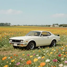a LJ GTR XU1 Torana parked in a flower field, wes anderson film, zoomed out, wide shot, panorama, hi res, 4k, high detail