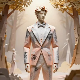 sculpture of a handsome young male super model resembling jason baldoni made out of origami cardboard and ceramic wearing a peach tissue paper and silver geometric tuxedo by marc jacobs, paper graffiti, trees made out of origami, ethereal, fantasy, lawrence alma tadema, james jean, oozium, peter morbacher, angelarium, alchemy, luxury, heavenly light, soft illumination, cinematic lighting, very detailed, 3 d octane render, artgerm, trending on artstation, cgi society