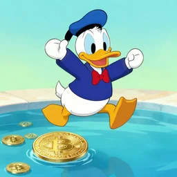 Scrooge McDuck jumping into a pool of Bitcoin