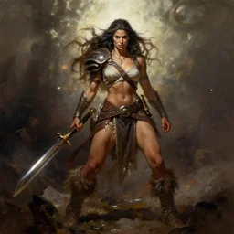 full body portrait of a strong fierce female barbarian by Frank Frazetta and Jean Delville, trending on artstation, cgsociety, wlop, cosmic, epic, stunning, gorgeous