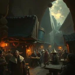 a happy crowded pueblo goblin tavern, adobe walls, interior shot, medium shot, atmospheric fantasy matte painting by eytan zana and ruan jia and boris vallejo, trending on artstation